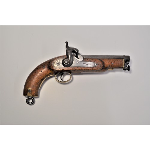 82 - 1855 Dated Percussion Naval Coastguard Pistol 25 bore, smoothbore, 5 3/4 inch barrel with blade fore... 