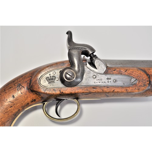 82 - 1855 Dated Percussion Naval Coastguard Pistol 25 bore, smoothbore, 5 3/4 inch barrel with blade fore... 