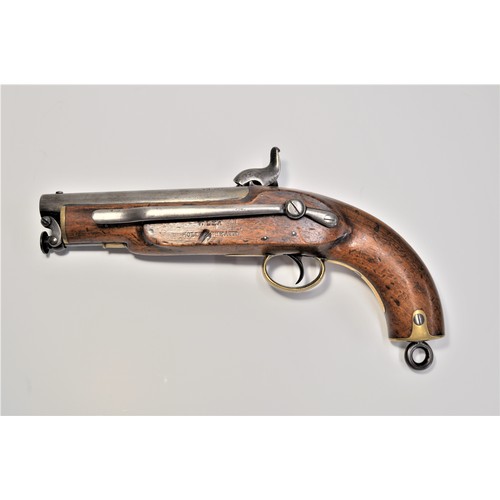 82 - 1855 Dated Percussion Naval Coastguard Pistol 25 bore, smoothbore, 5 3/4 inch barrel with blade fore... 