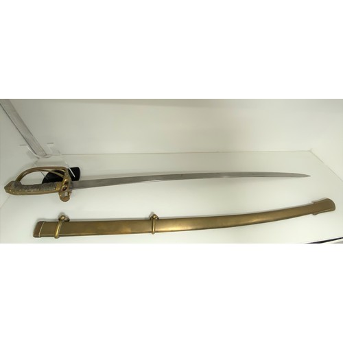 89 - Victorian reign British sword with brass hilt featuring VR cypher, slight curve to blade with  decor... 