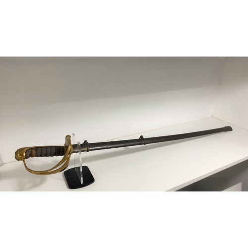 90 - Victorian reign sword with pig/fish skin handle A/F, brass hilt with cypher, engraving to both sides... 