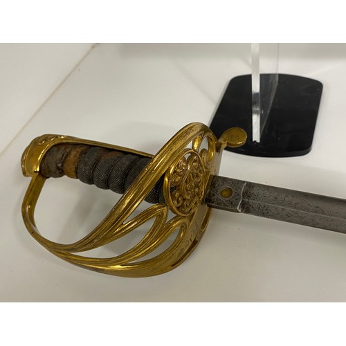 90 - Victorian reign sword with pig/fish skin handle A/F, brass hilt with cypher, engraving to both sides... 