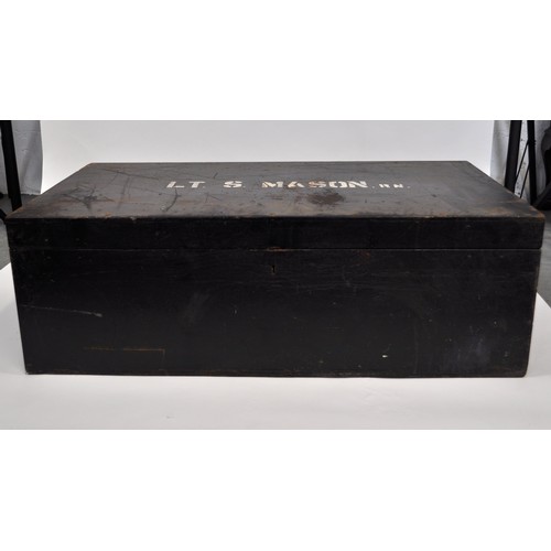 94 - Naval wooden travelling trunk stamped  Lt S Mason RN. to top. Decoy Engineers Office painted black c... 