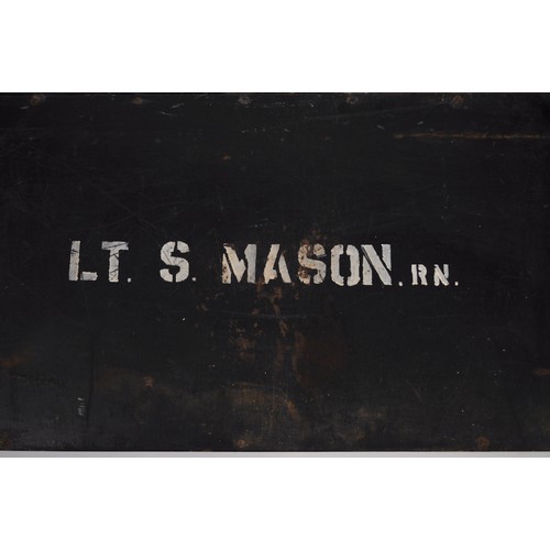 94 - Naval wooden travelling trunk stamped  Lt S Mason RN. to top. Decoy Engineers Office painted black c... 