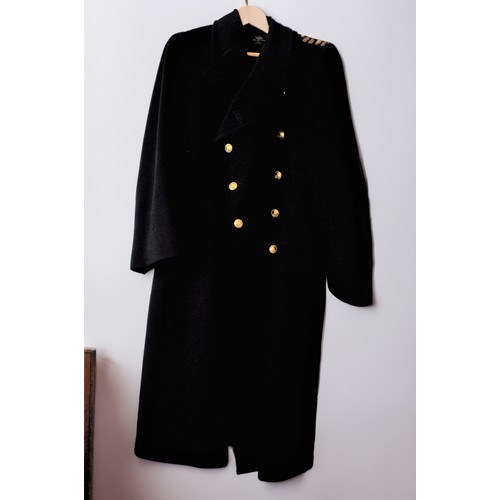 95 - Royal Naval Officer's great coat, with anchor brass buttons, two outside pockets, fully lined with o... 