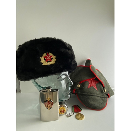 105 - X2 Russian Soviet hats together with stainless CCCP hip flask, keychain with collapsible cup