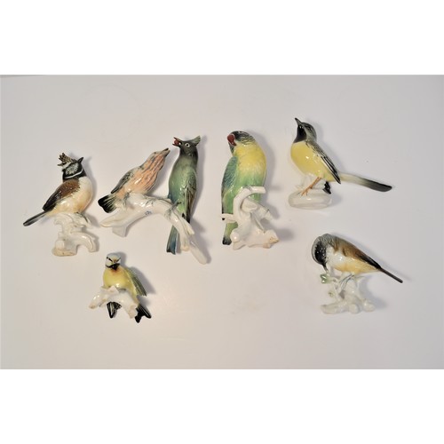 1 - Karl ENS porcelain birds consisting parakeet, lark feeding its young on naturalistic base and other ... 