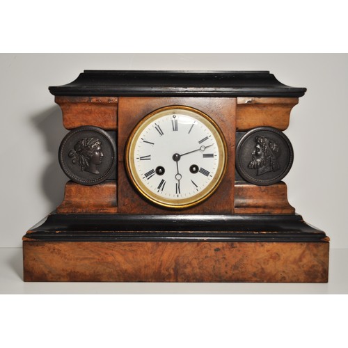 47 - Mantle clock, white dial with burr design with Grecian portraiture plaque design to front, 
stamped ... 