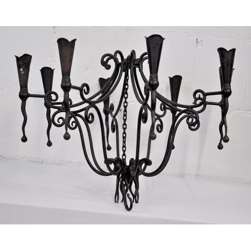 69 - Wrought iron 8 arm ceiling candleabra for candles,  in a Gothic design