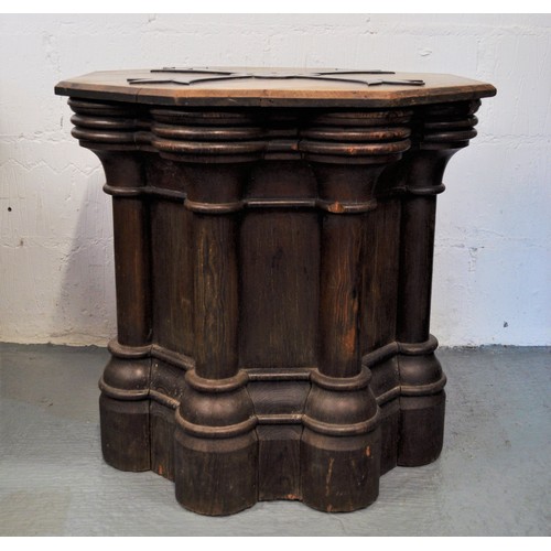 81 - Antique oak Pedestal table with font / column design to base iron strap ecclesiastical design to top... 