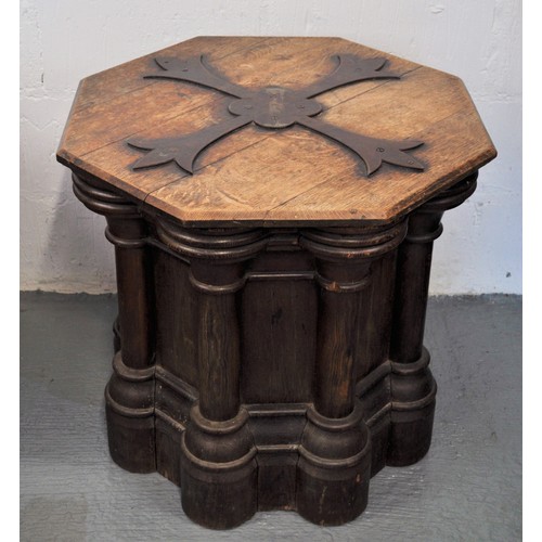 81 - Antique oak Pedestal table with font / column design to base iron strap ecclesiastical design to top... 