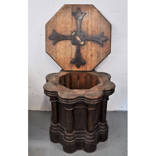 81 - Antique oak Pedestal table with font / column design to base iron strap ecclesiastical design to top... 