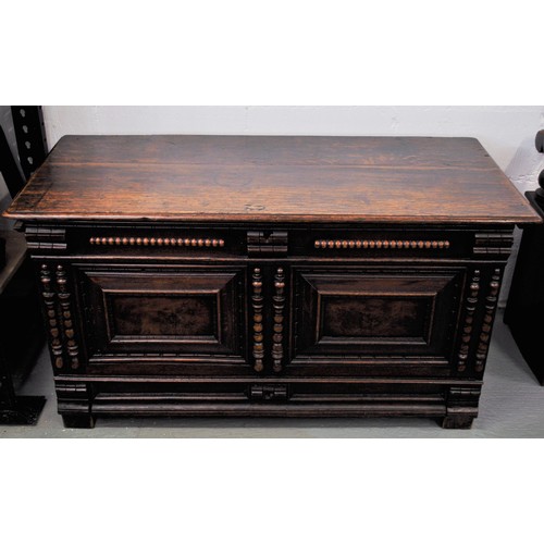 82 - Antique coffer with candle box to interior and lower drawer, approx H84cm x L111cm x 49cm