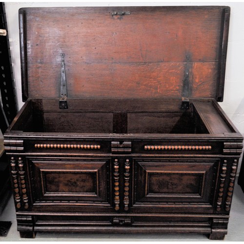 82 - Antique coffer with candle box to interior and lower drawer, approx H84cm x L111cm x 49cm