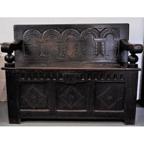 83 - 17th/18th century hand-carved oak monk's bench / settle with inner candle box, approx H84cm x L111cm... 