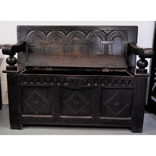 83 - 17th/18th century hand-carved oak monk's bench / settle with inner candle box, approx H84cm x L111cm... 