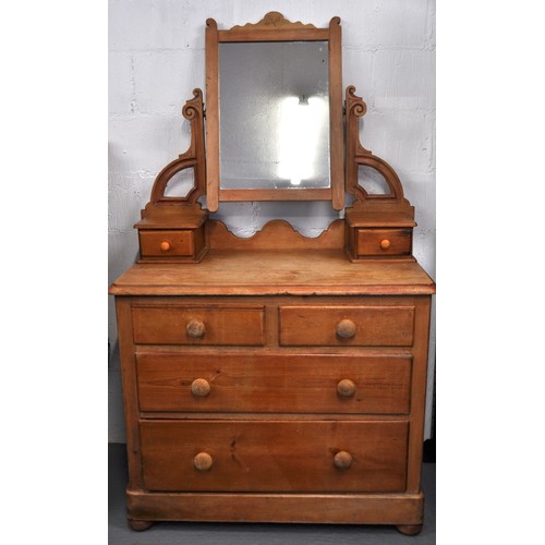 85 - Antique pine chest and drawers with 2 small drawers over 2 large drawers and over mirror with smalle... 