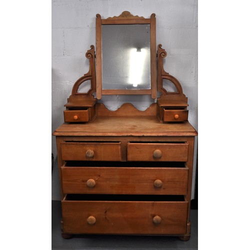 85 - Antique pine chest and drawers with 2 small drawers over 2 large drawers and over mirror with smalle... 