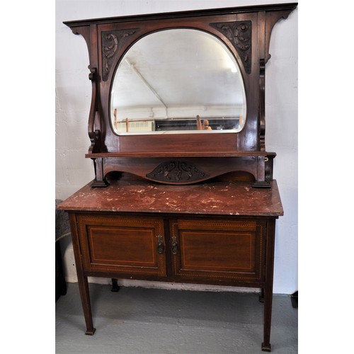 86 - Edwardian mahogany wash stand with marble top, together with a D shaped over mantle mirror with shel... 