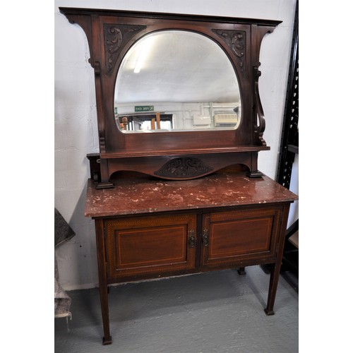 86 - Edwardian mahogany wash stand with marble top, together with a D shaped over mantle mirror with shel... 