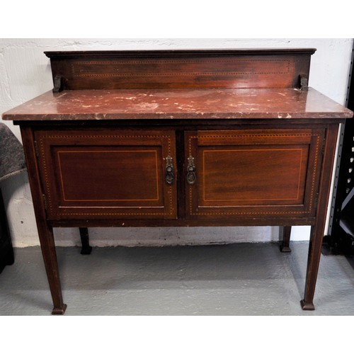 86 - Edwardian mahogany wash stand with marble top, together with a D shaped over mantle mirror with shel... 