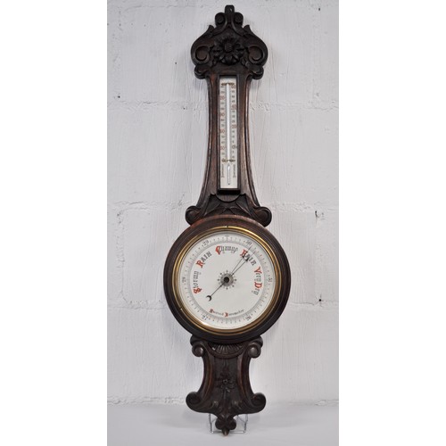 87 - Antique aneroid Barometer with hand carved flower design to stem approx. length 90cm