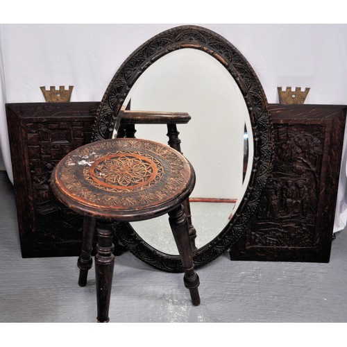 91 - Small furniture parcel consisting - x2 carved wall panels depicting Elizabethan scene, oval mirror w... 