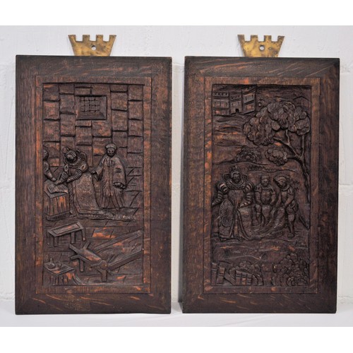 91 - Small furniture parcel consisting - x2 carved wall panels depicting Elizabethan scene, oval mirror w... 