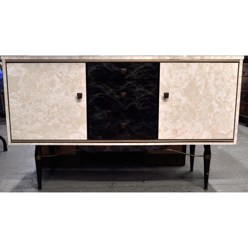 99 - Retro formica marble effect sideboard on black tapered legs complete with two end cupboards and thre... 