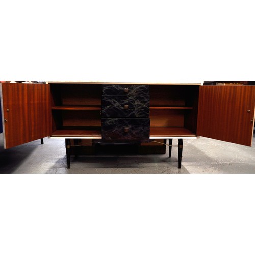 99 - Retro formica marble effect sideboard on black tapered legs complete with two end cupboards and thre... 