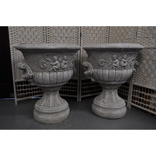 120 - Pair of reconstituted stone garden urns, (comes in two parts) approx height 67cm