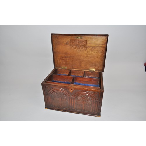 97 - Victorian arts & crafts wooden sewing box with ornately carved  tree/foliate design to facades with ... 