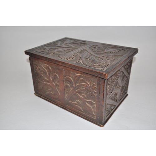 97 - Victorian arts & crafts wooden sewing box with ornately carved  tree/foliate design to facades with ... 