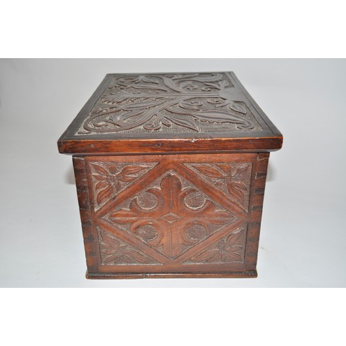 97 - Victorian arts & crafts wooden sewing box with ornately carved  tree/foliate design to facades with ... 