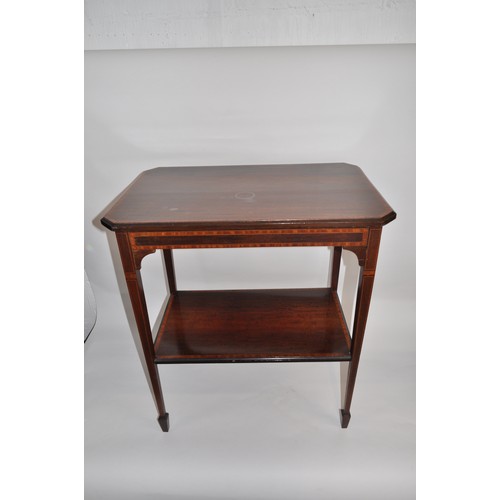 101 - Edwardian inlaid mahogany occasional table with tapered legs and undershelf A/F