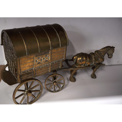 39 - Brass horse drawn brass model gypsy/romany caravan together with brass cannon AF