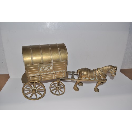 39 - Brass horse drawn brass model gypsy/romany caravan together with brass cannon AF