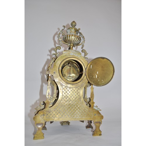 44 - Brass mantle clock of typically French design with white dial, pendulum and key, approx H48cm, untes... 