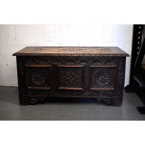 105 - Antique, poss. 18th century, smaller oak coffer with hand carved panels, approx L93cm x D45cm, x H45... 