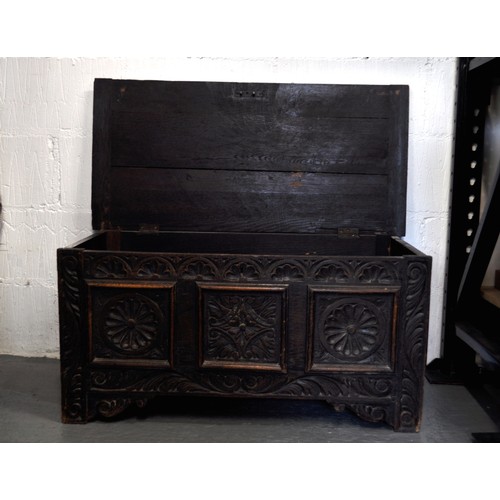 105 - Antique, poss. 18th century, smaller oak coffer with hand carved panels, approx L93cm x D45cm, x H45... 