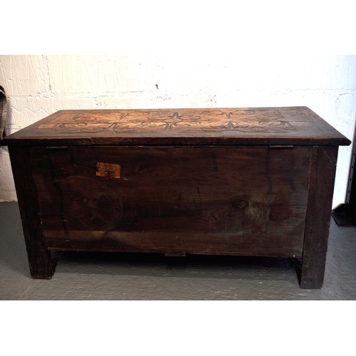 105 - Antique, poss. 18th century, smaller oak coffer with hand carved panels, approx L93cm x D45cm, x H45... 