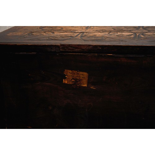 105 - Antique, poss. 18th century, smaller oak coffer with hand carved panels, approx L93cm x D45cm, x H45... 