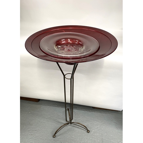 113 - Metal hall plant stand with removable red bowl and Langham Glass insert, approx height 94cm