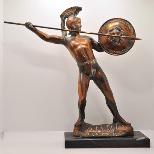 58 - Bronzed antique figure of Roman Centurion/warrior with spear and shield, on marble plinth, approx. h... 