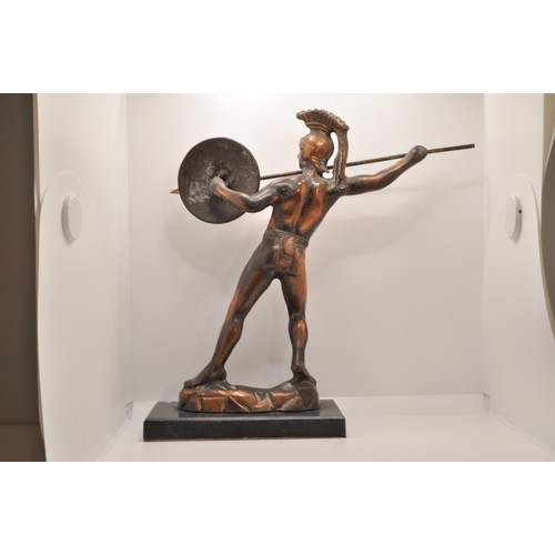 58 - Bronzed antique figure of Roman Centurion/warrior with spear and shield, on marble plinth, approx. h... 