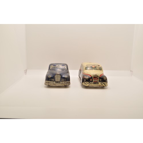 71 - Two vintage tin plate friction vehicles - Mettoy Joytown no.15 ambulance, and Mettoy Police car MT33... 