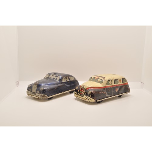 71 - Two vintage tin plate friction vehicles - Mettoy Joytown no.15 ambulance, and Mettoy Police car MT33... 