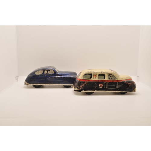 71 - Two vintage tin plate friction vehicles - Mettoy Joytown no.15 ambulance, and Mettoy Police car MT33... 