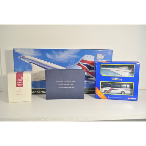 74 - Concorde related items consisting of boxed Concorde Set 1:144 scale plastic model kit, Corgi 1999 1:... 