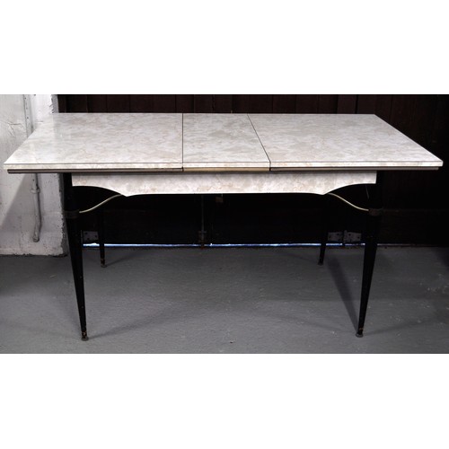 81 - Retro extendable dining table marble effect formica top with black tapered legs and metal trim, comp... 